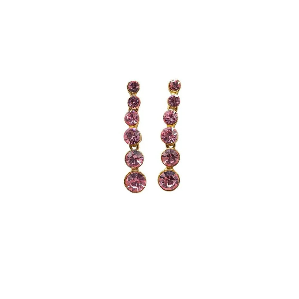 Pink Faceted Crystal Dangle Drop Earrings Gold Tone Vintage